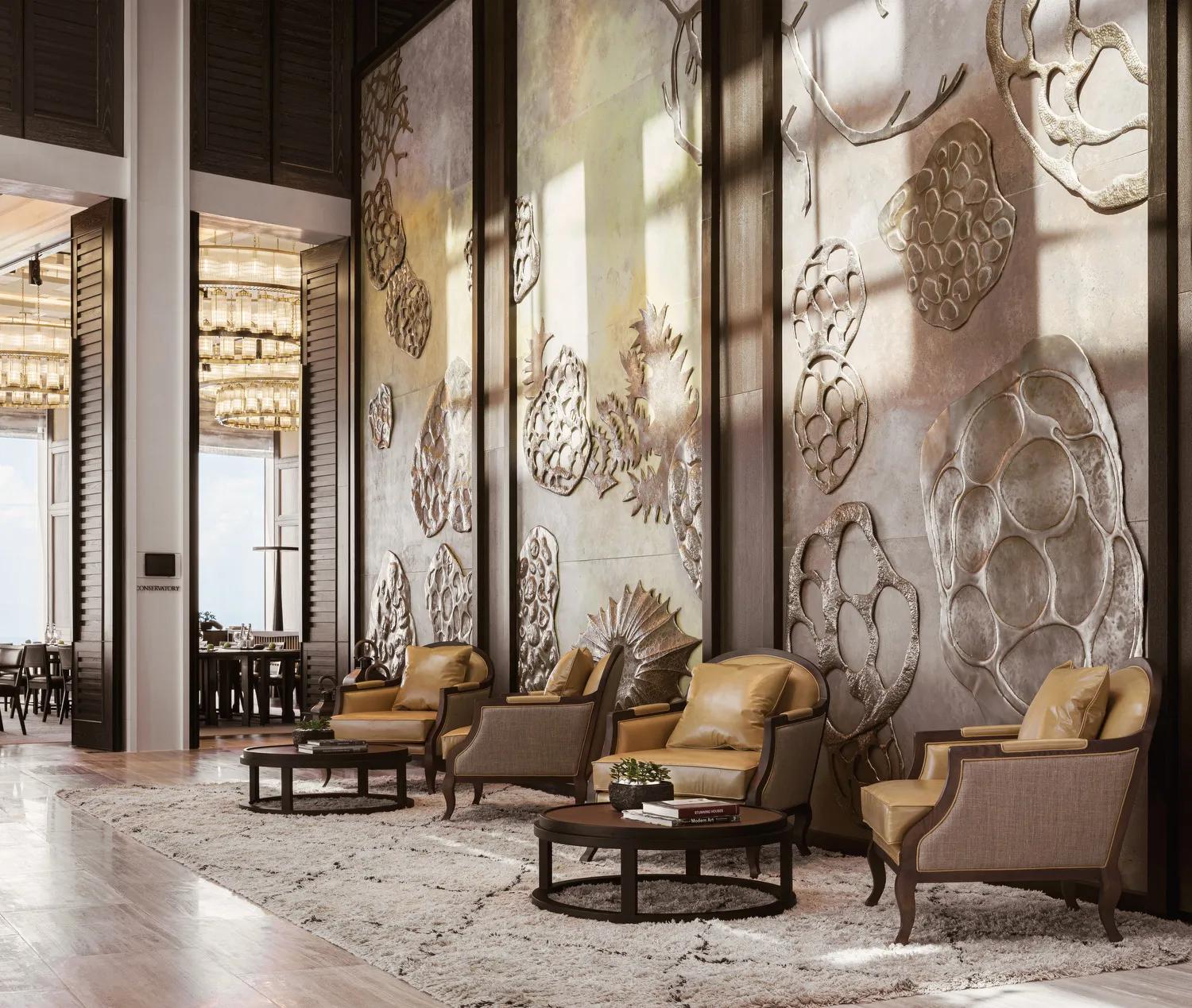 A modern, luxurious lobby with high ceilings, nature-inspired wall panels, yellow-cushioned armchairs around coffee tables, and tall windows in the background.
