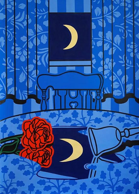 Painting in blue with yellow moon and rose