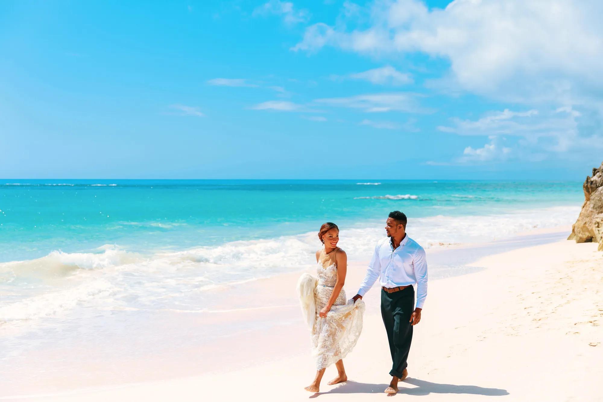 Beach club wedding couple