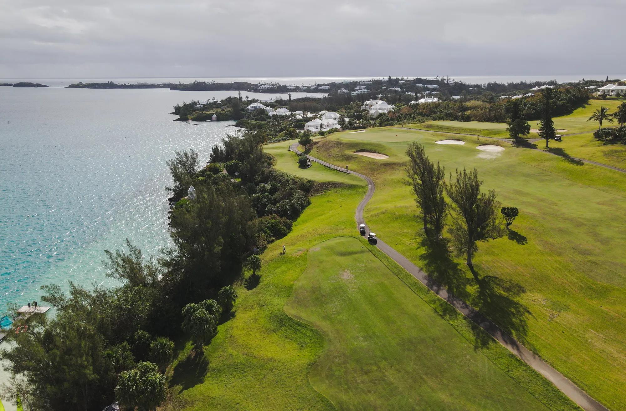 Aerial view of Tucker's Point Golf course along the ocean