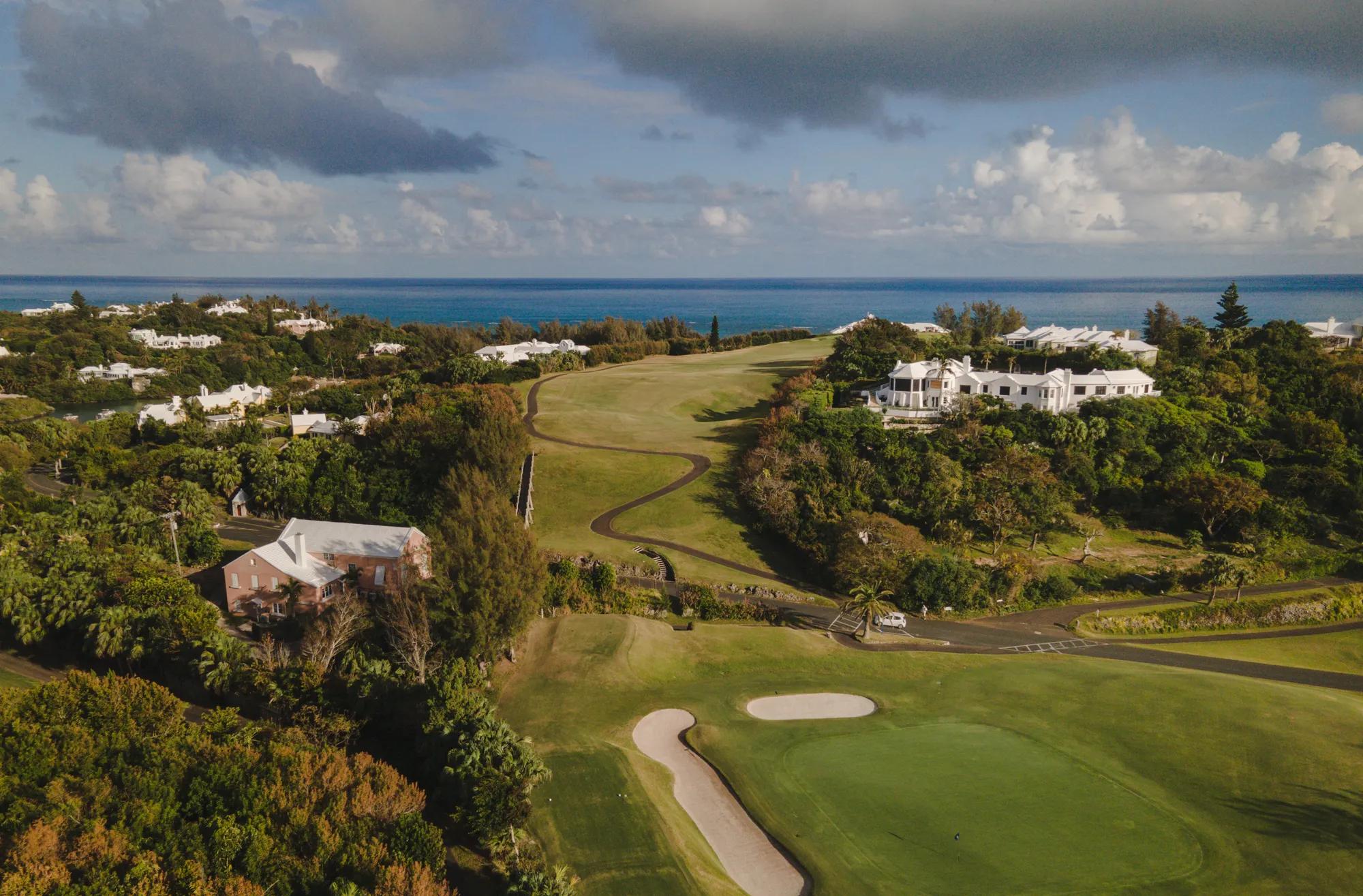 Aerial view of Tucker's Point Golf course along the ocean