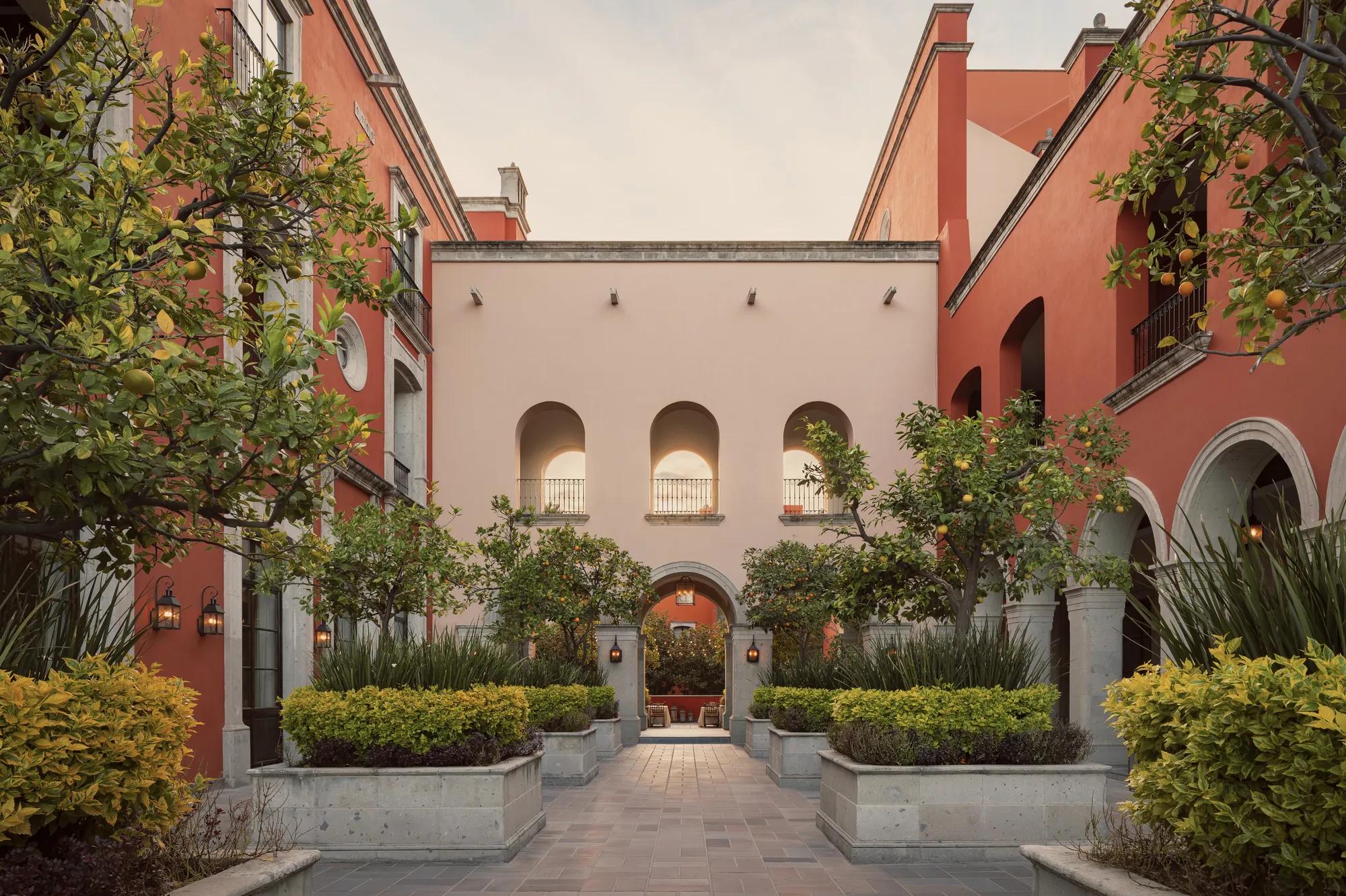 Patio with orange trees planted in raised garden beds, surrounded by the hotel's exterior walls and balconies overlooking the space.