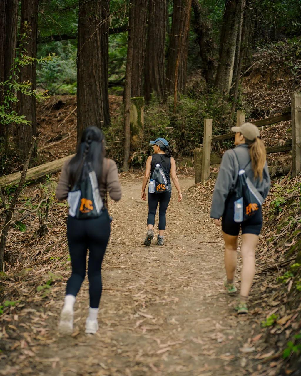 Three hikes on trail admiring redwood trees