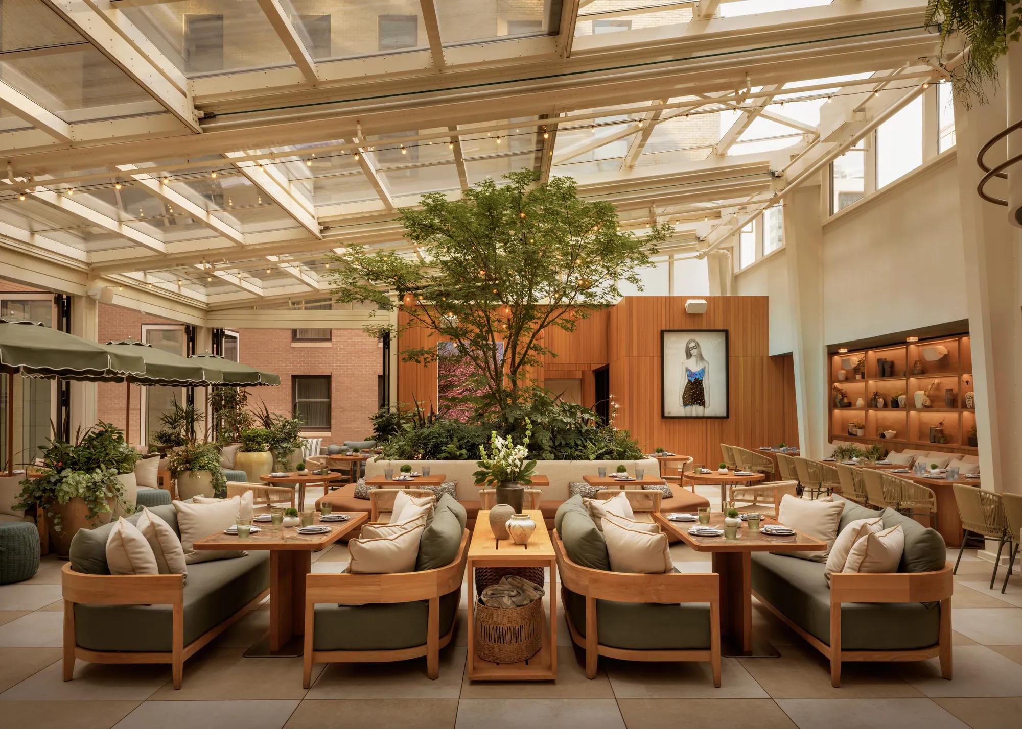 A Garden Terrace, with lush greenery, and sophisticated designed restaurant