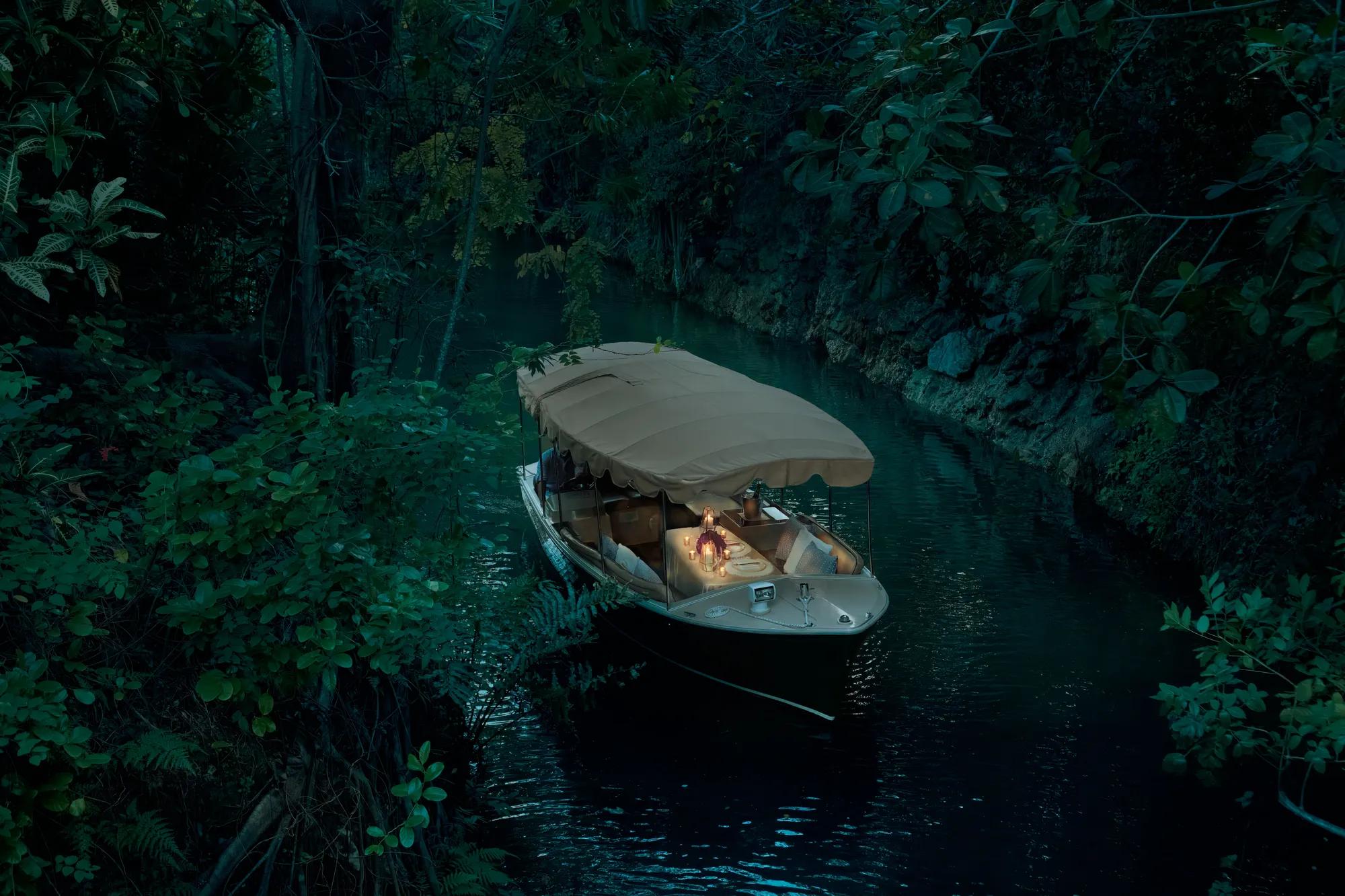 - Happy couple walking along the shore with palm trees in the background and the ocean to their left.