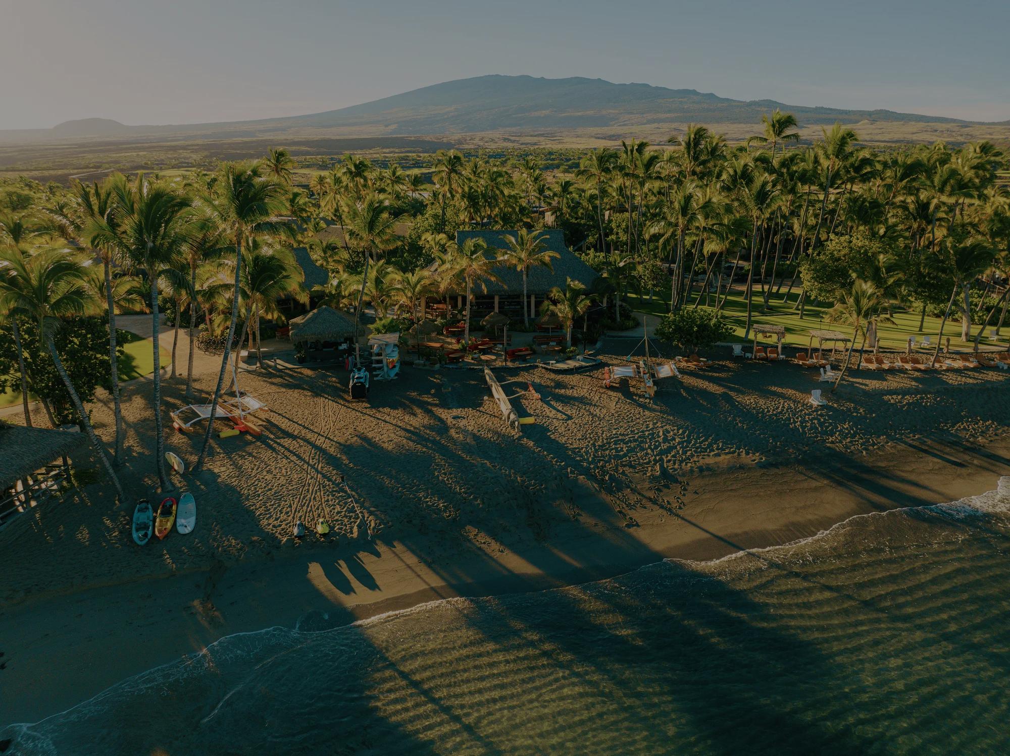Aerial view of the coastline with palm trees, canoes on the sand and thatched roof resort buildings