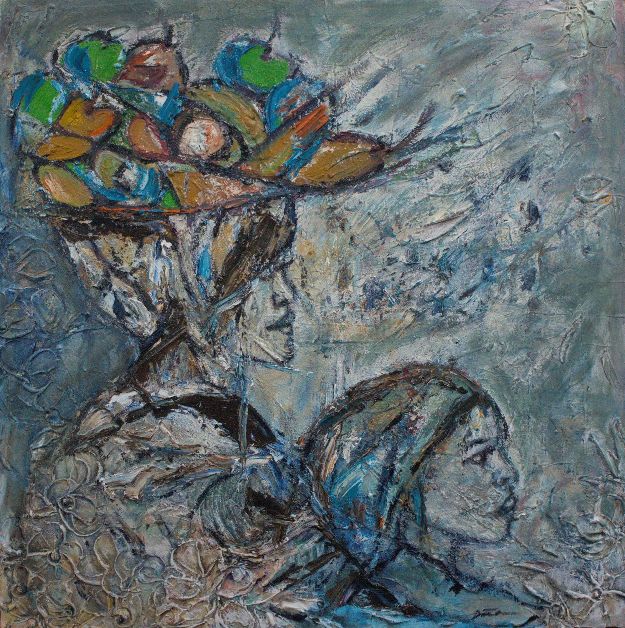 Abstract painting of three  workers in a vibrant  yellow-green field with  swirling brushstrokes. 
