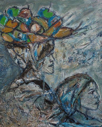 Abstract painting of three  workers in a vibrant  yellow-green field with  swirling brushstrokes. 