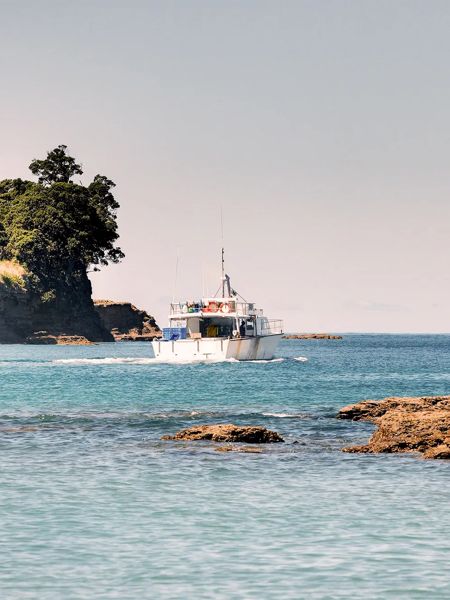 Fishing boat heading out to sea in the Bay of Islands.