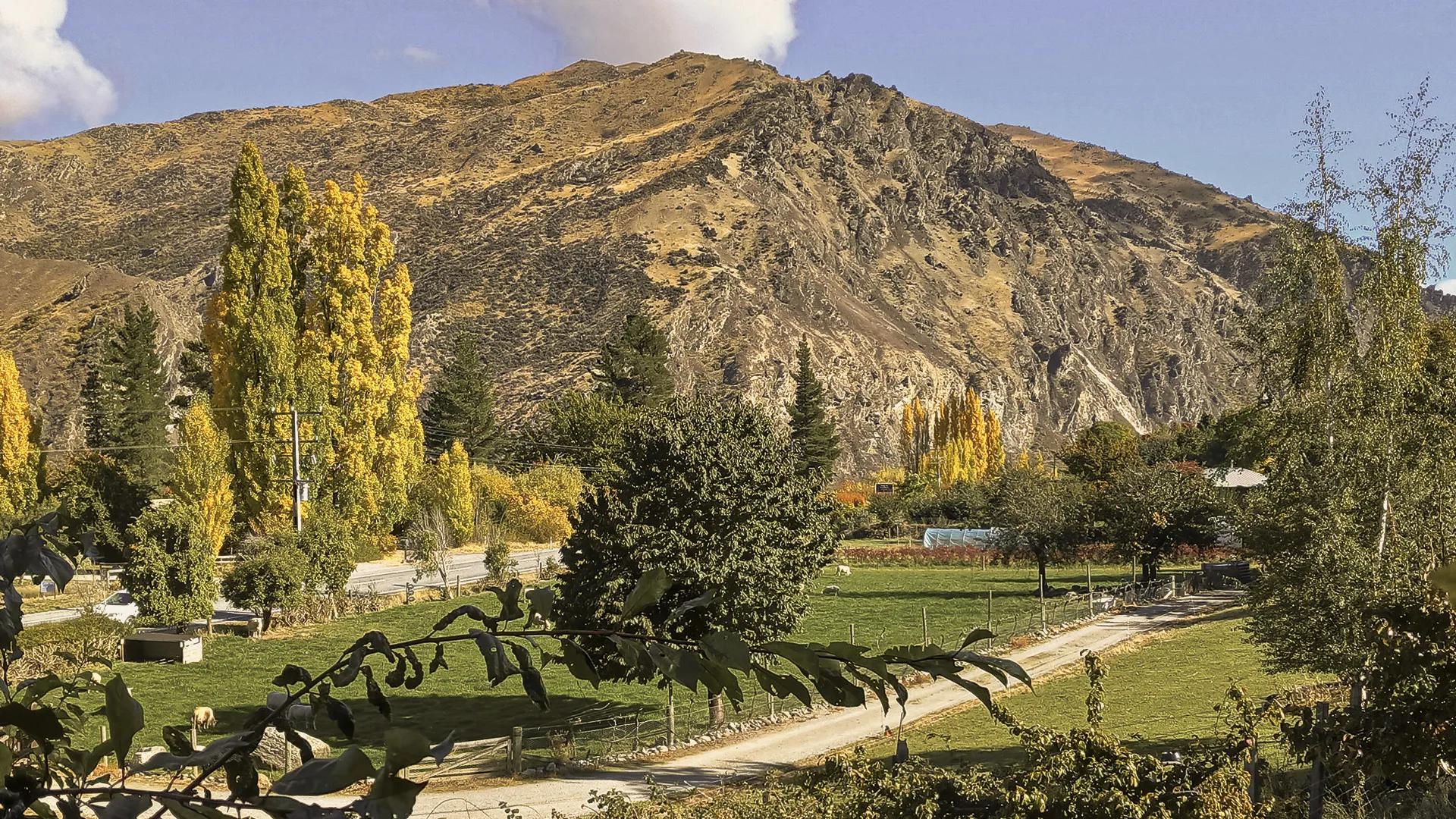 Elevated view of Double Rock Farm including sheep and a greenhouse, mountain range behind