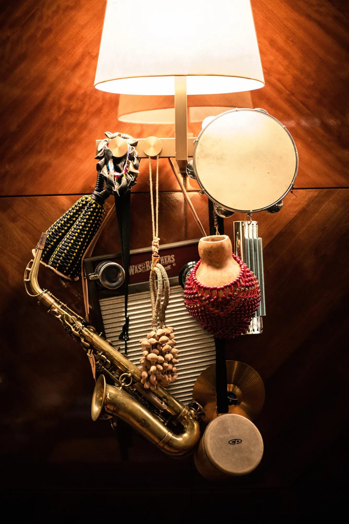 Some instruments hanging on the wall of Rabo Di Galo at Rosewood São Paulo