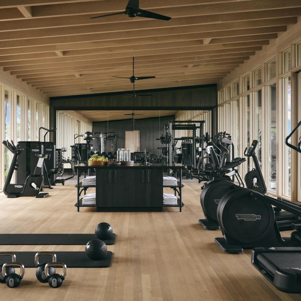 Wood paneled interior of a fitness center with cardio machines, yoga mats, kettlebells and exercise balls and a table with towels, bottled water and fruit.