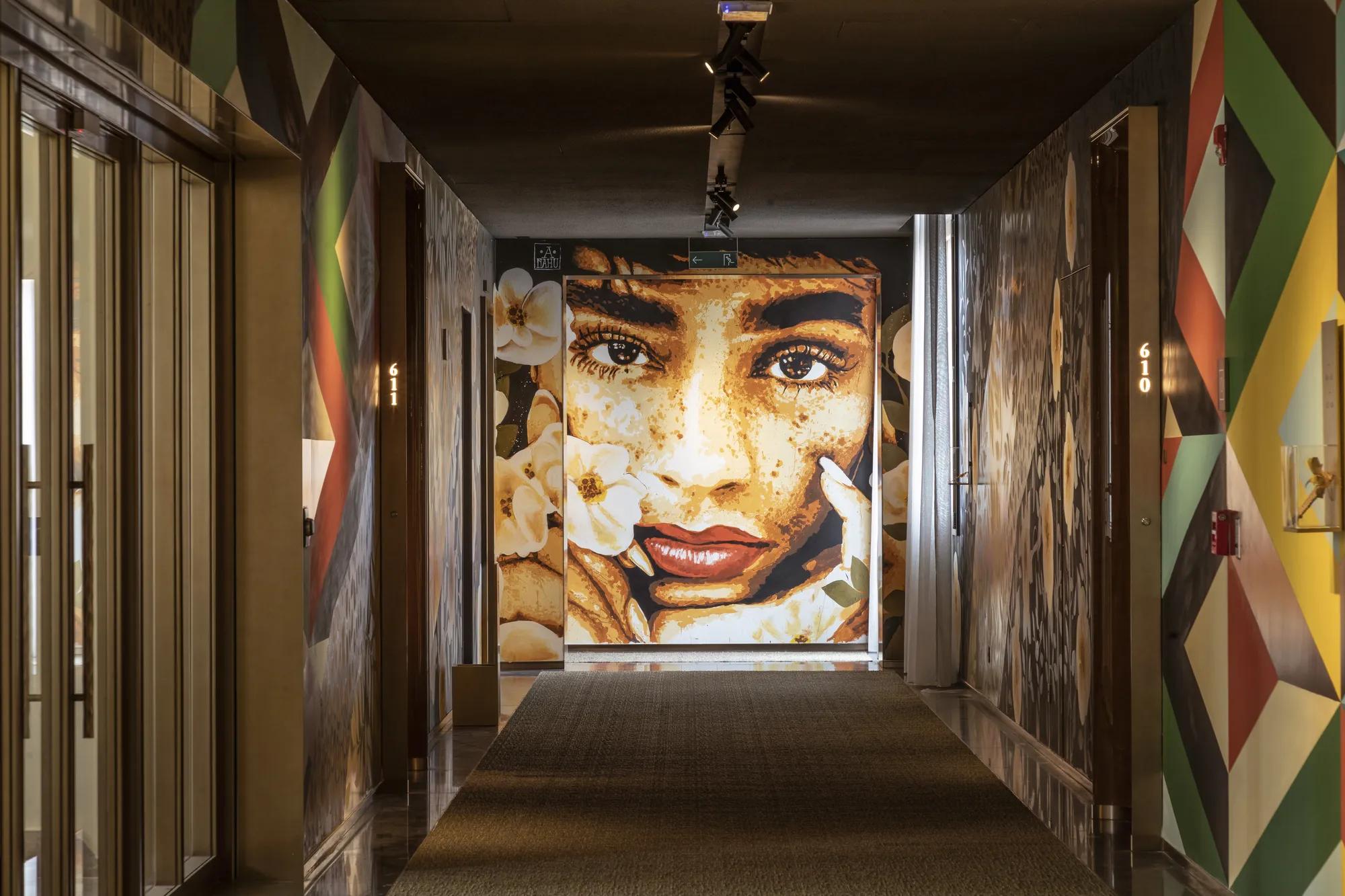 Ananda Nahu's art in a corridor at Rosewood São Paulo