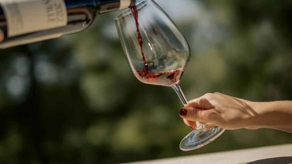 Hand holding a glass of wine at Rhys Vineyards