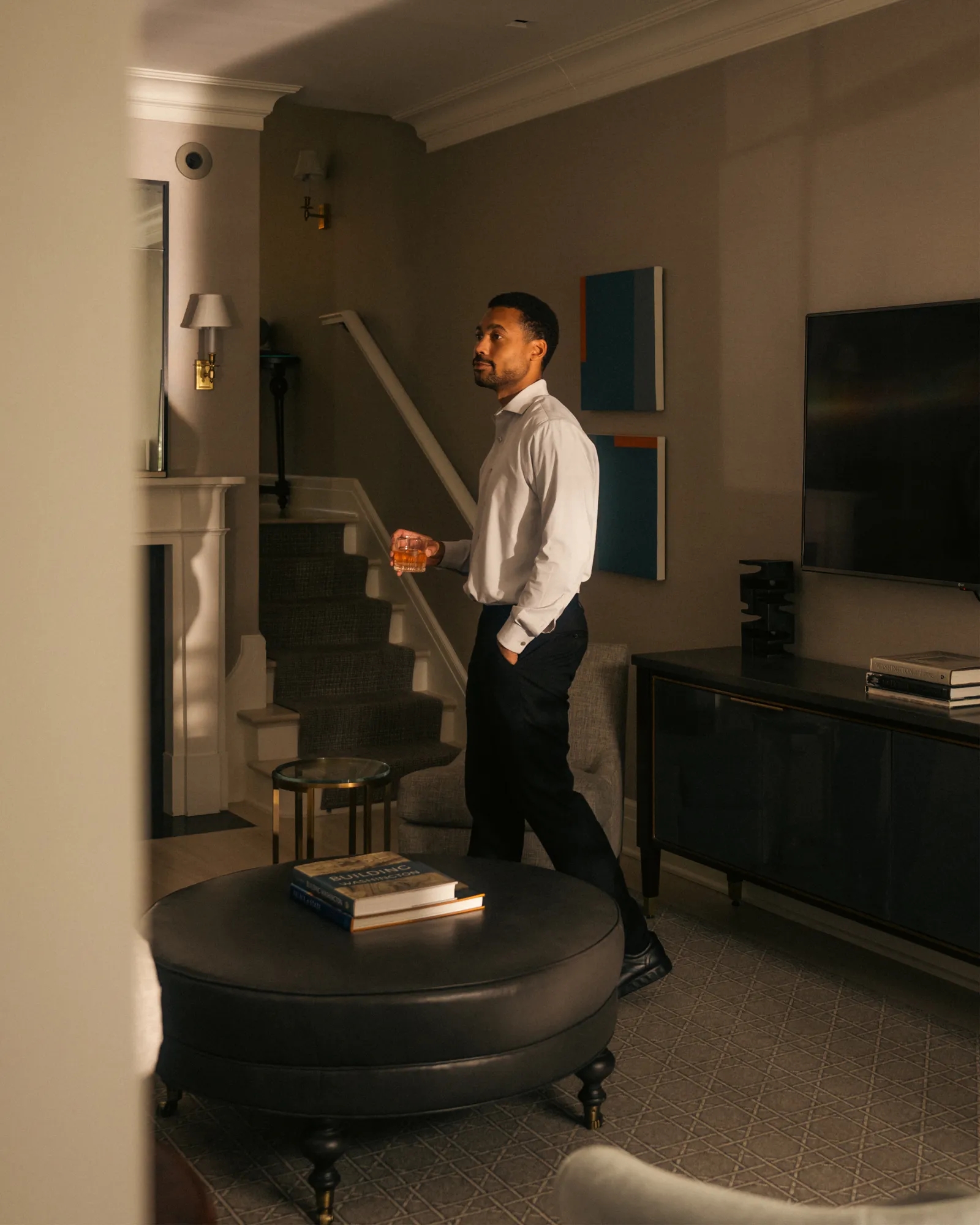 Man in living room of the townhouse