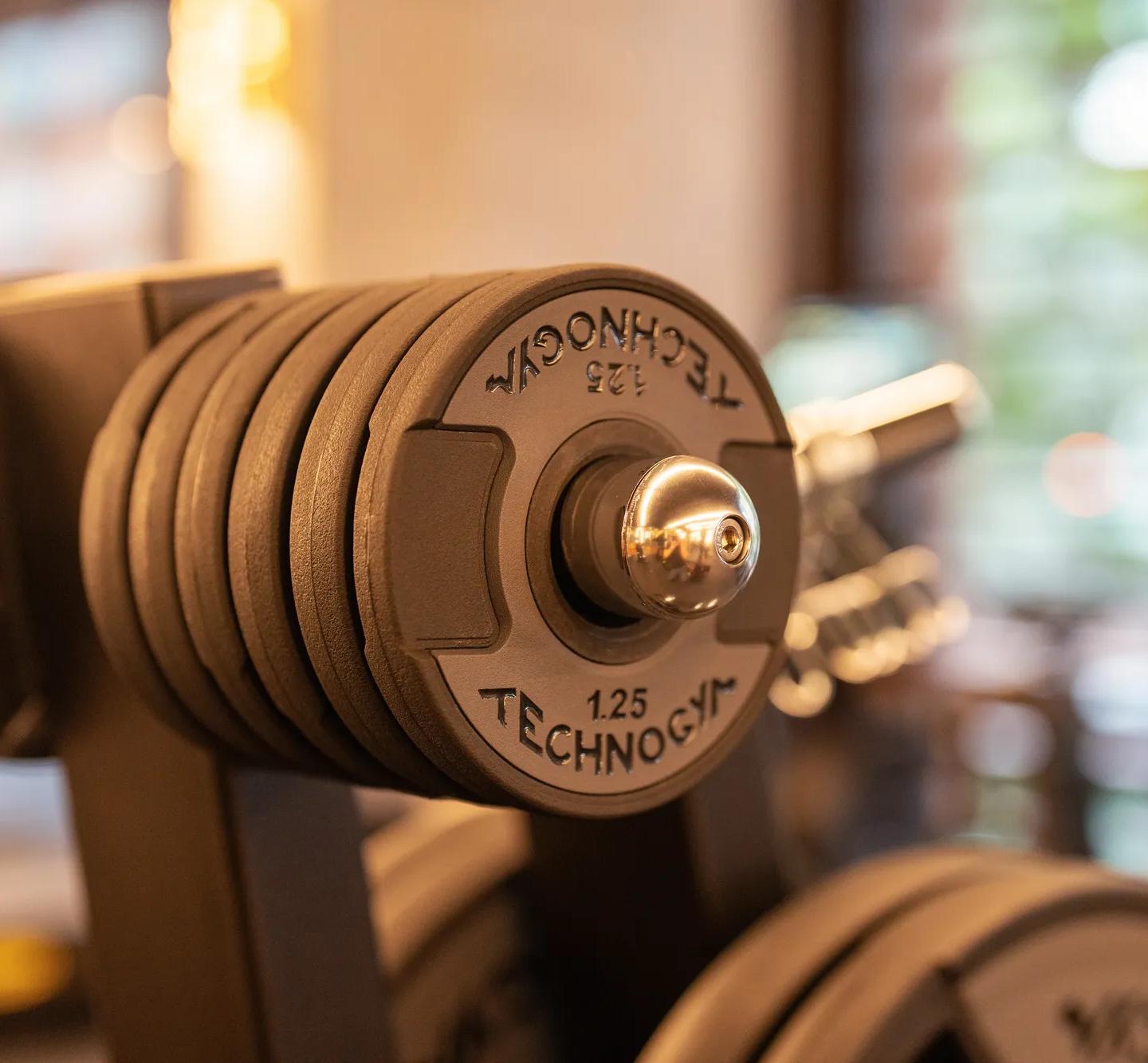 A photo of the Fitness Center at Rosewood São Paulo, showcasing equipment such as treadmills, barbells, weights, a punching bag, and more.