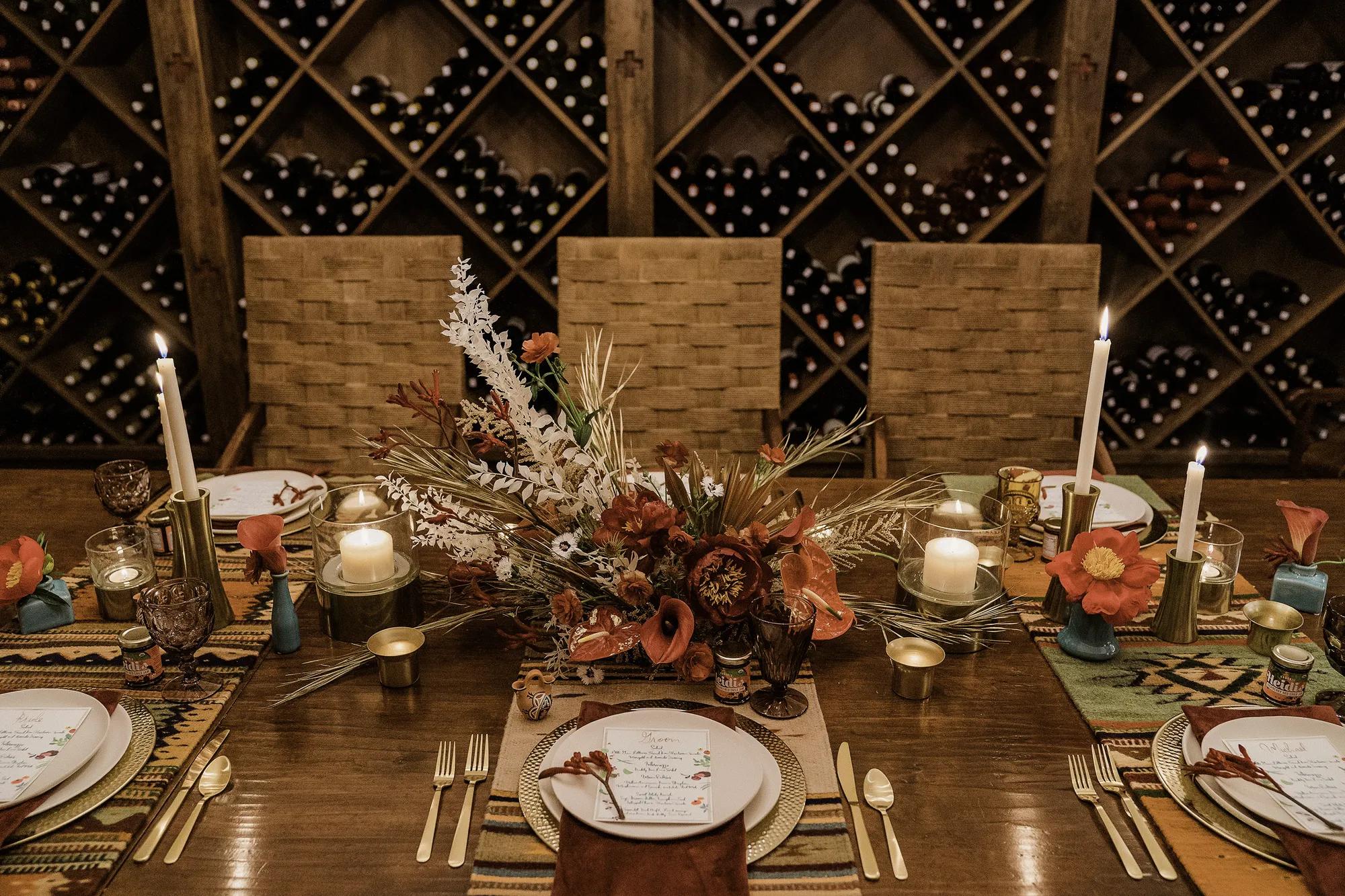 Private event tablescape in wine cellar