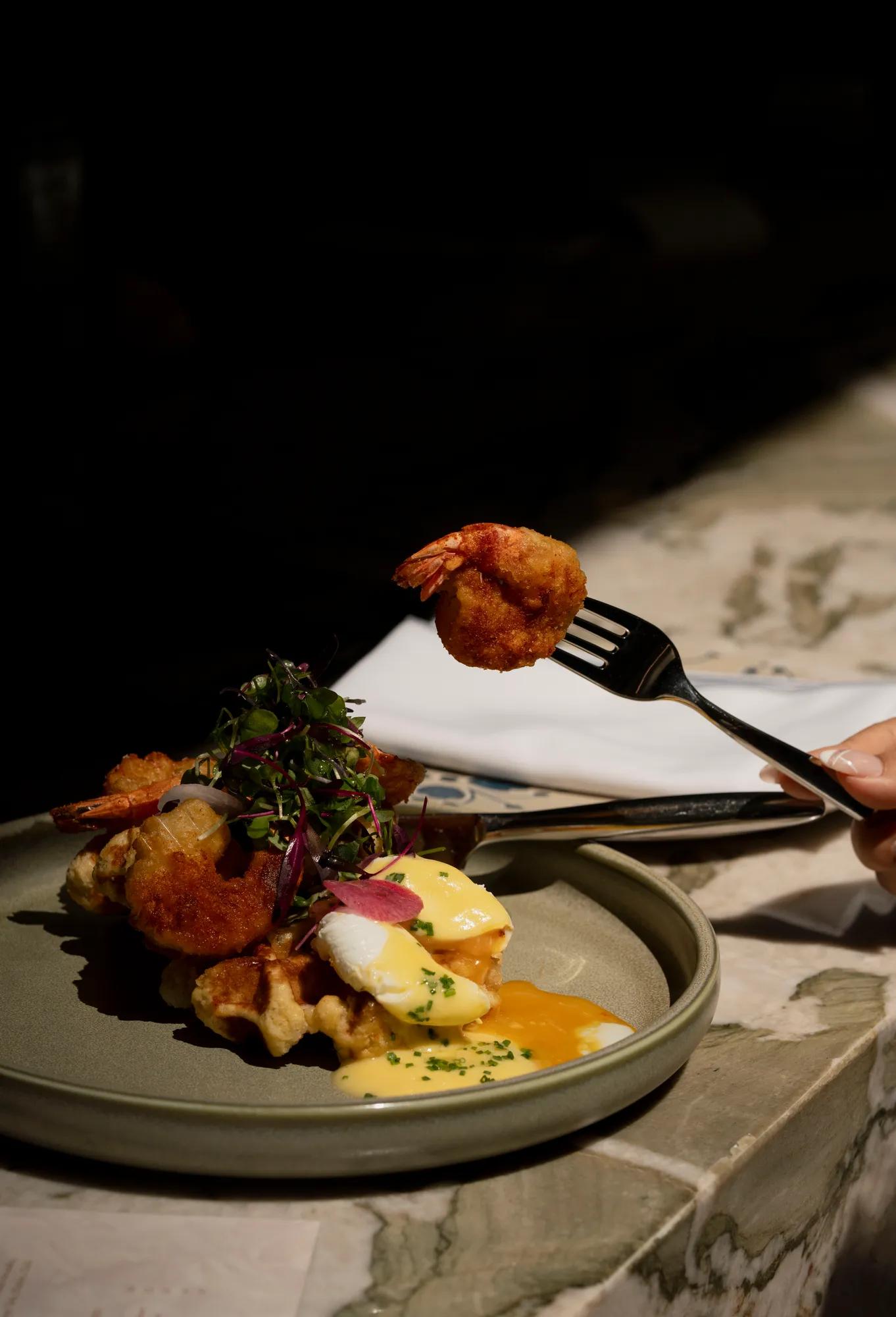 Poached eggs and waffles