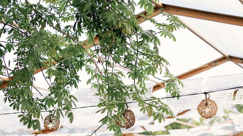 Pink-toned wedding table setup in La Ceiba Garden, adorned with soft hanging lights and framed by Ceiba tree leaves in the corner, creating a romantic garden ambiance.