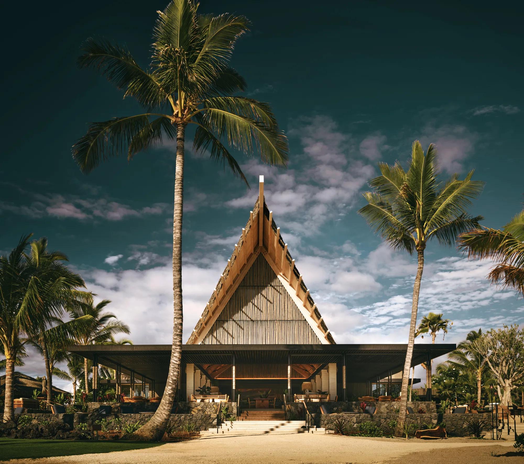 Front façade of an a-fram structure with pal trees