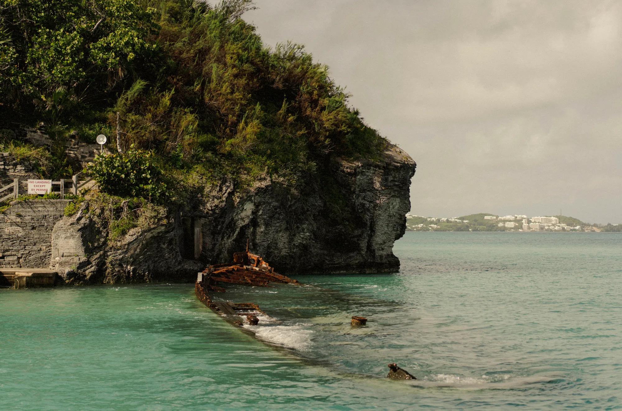View of sunken ship and greenery