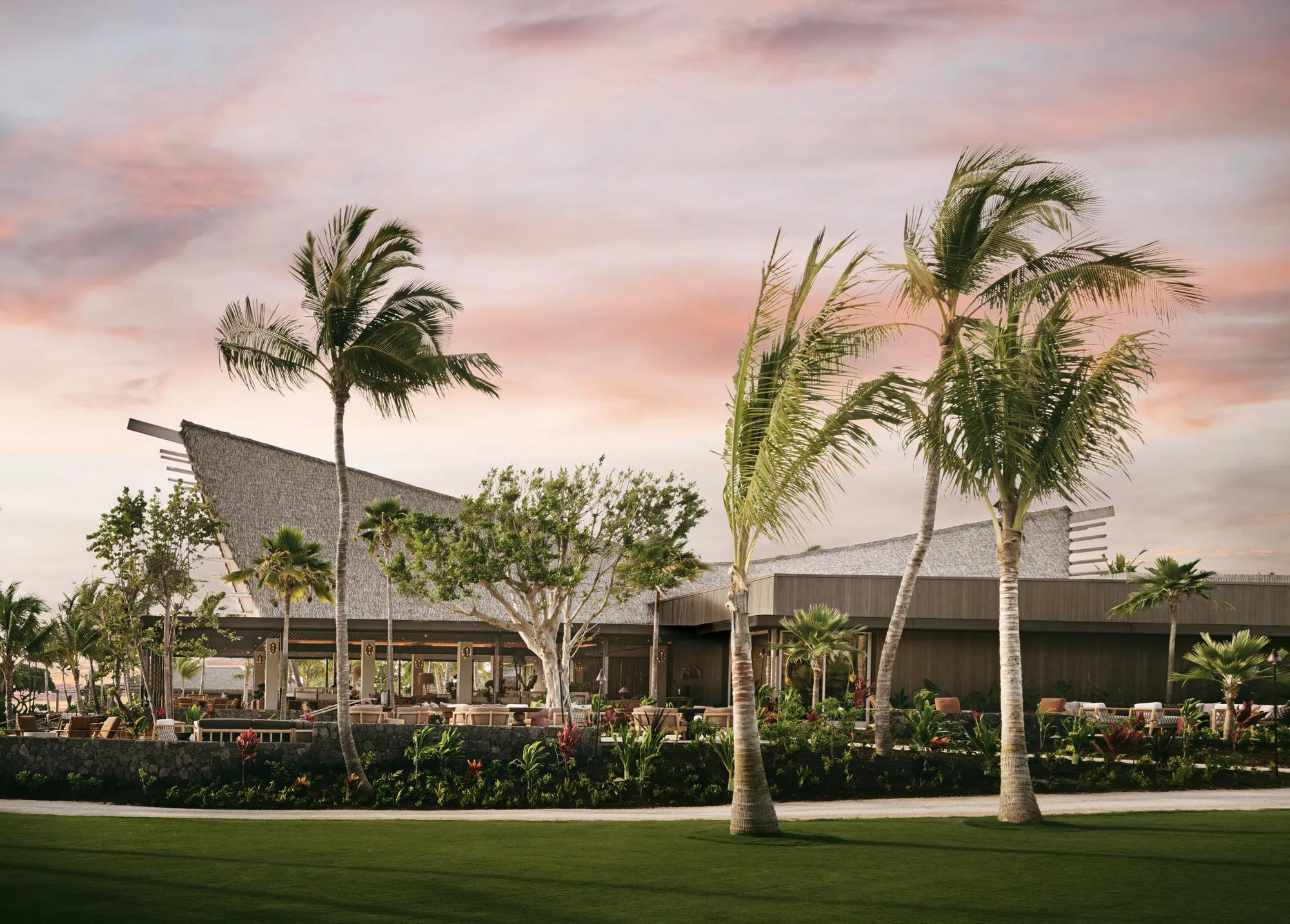 Restauraunt exterior with palm trees at sunset