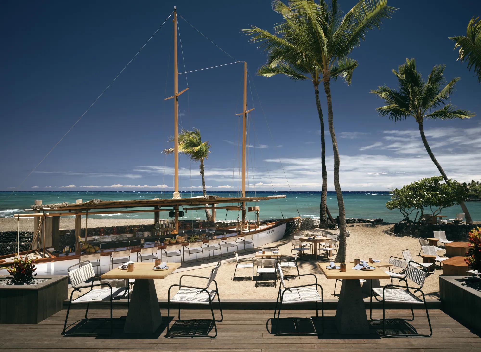 An aerial view of a lawn and pool with palm trees